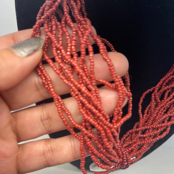 Vintage Multi Strand Seed Bead Rust Red Stone Pendant Necklace B#8 - Picture 10 of 11
